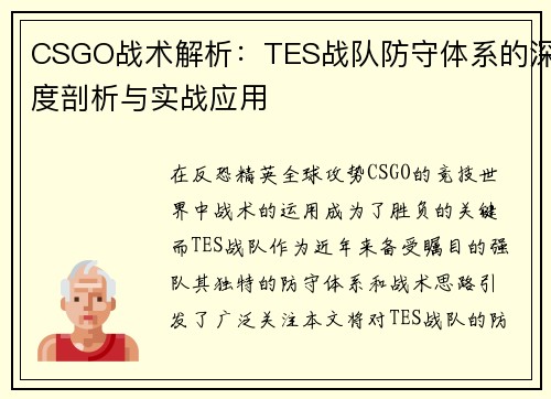 CSGO战术解析：TES战队防守体系的深度剖析与实战应用