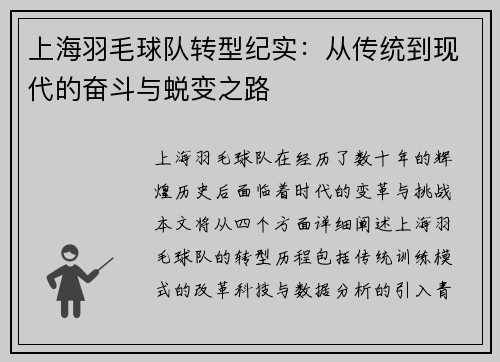 上海羽毛球队转型纪实：从传统到现代的奋斗与蜕变之路