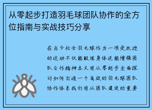 从零起步打造羽毛球团队协作的全方位指南与实战技巧分享