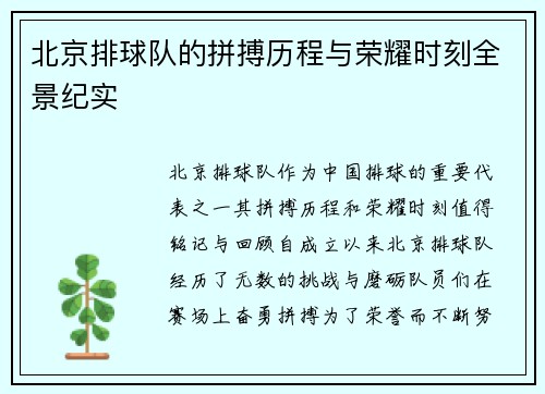 北京排球队的拼搏历程与荣耀时刻全景纪实